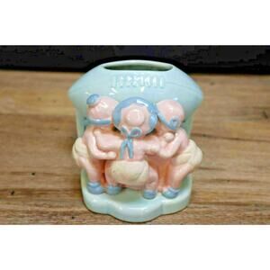 1950s Vintage Planter Pot Babies Huddling In Front of Football Blue and Pink